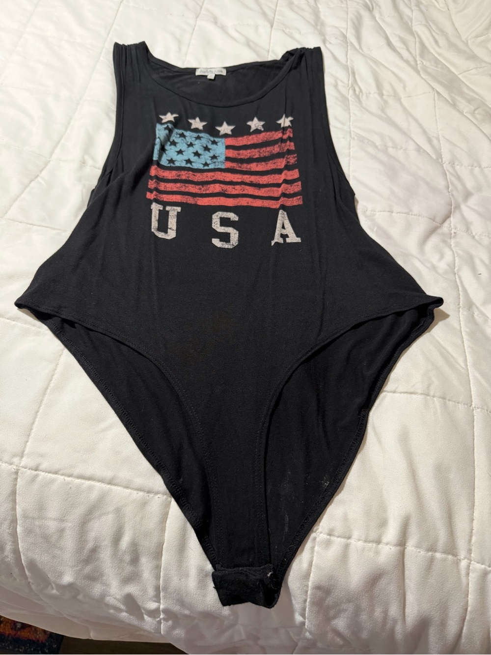 Charlotte Russe Black USA Flag Graphic One-Piece Bodysuit